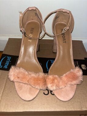 Report Women's Peach Faux-Fur Ankle-Strap Heels